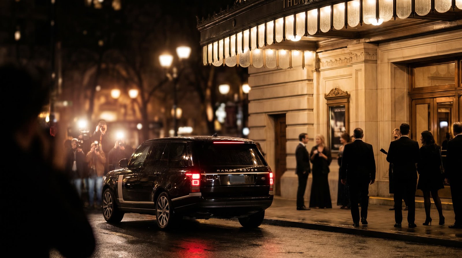 Black SUV with tinted windows leaving event venue