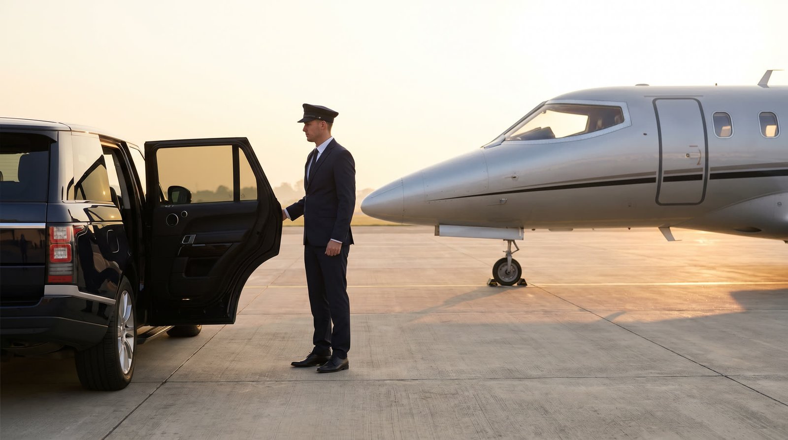 Chauffeur greeting client at private jet